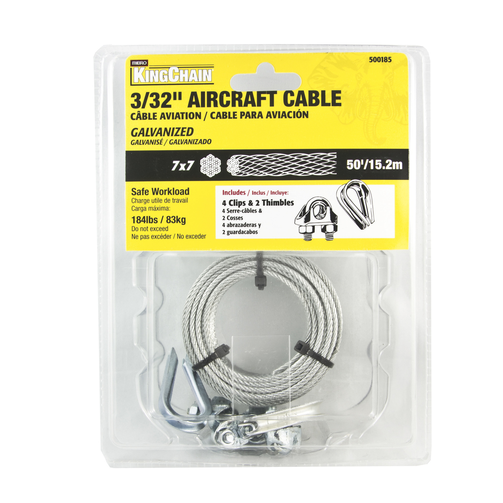 Mibro 3/32in. 7in. X 7in. Aircraft  Cable with 4 Clips and 2 Thimbles, Pre-Cut 50ft., Model 500185